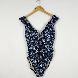 A Pea In The Pod Maternity Women's Ruffle Floral One Piece Swim Medium Navy